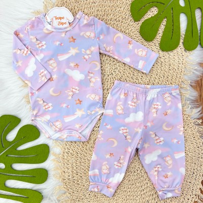 Conj. Body Manga Longa e Calça em Malha Térmica com Proteção UV50+- Coelhinha com Estrelinhas 